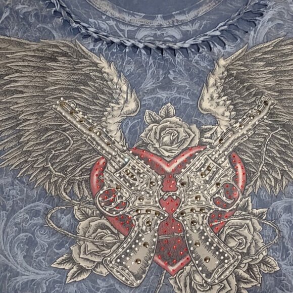 COTTY ON VINTAGE TSHIRT DISTRESSED GUNS WINGS ROSES BLING RHINESTONES SIZE L - Picture 4 of 13